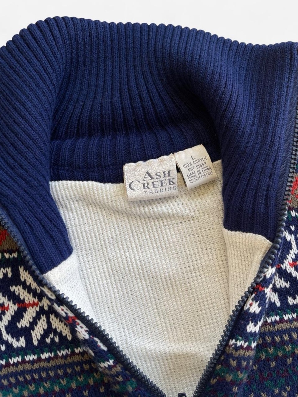 Vintage 90s Ash Creek Trading Sweater Jacket Full Zip Blue Snowflake Fair Isle L - Picture 2 of 7